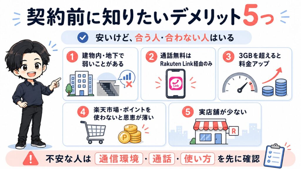 楽天モバイル契約前に知りたいデメリット5つ。通信環境や通話、料金アップの注意点を解説