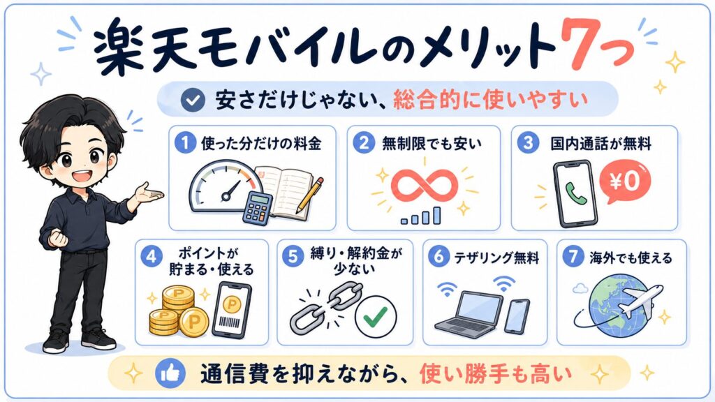 楽天モバイルのメリット7つ。使った分だけの料金、国内通話無料、ポイント活用などをまとめた図解