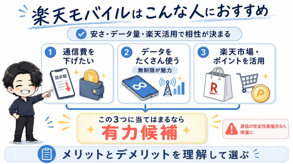 楽天モバイルが向いている人と向いていない人を、データ量・楽天経済圏・通信安定性で比較した図解