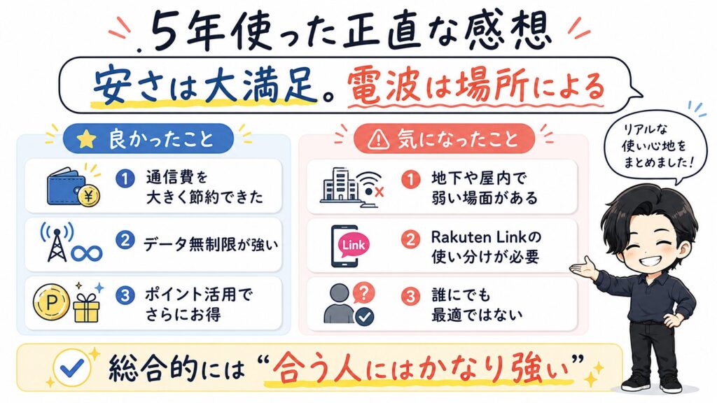 楽天モバイルを5年使った感想。料金の安さやポイント活用の良さ、電波面の注意点を整理