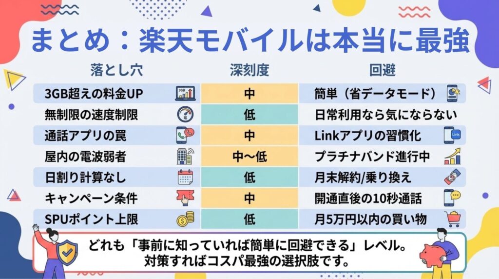 楽天モバイルの7つの落とし穴とその回避策をまとめた表。3GB超過の料金アップ、速度制限、通話アプリの罠、屋内の電波状況、日割り計算なし、キャンペーン条件、SPUポイント上限についてそれぞれの深刻度と対策を挙げ、事前に知っていれば回避できコスパ最強の選択肢であると結論付けています。