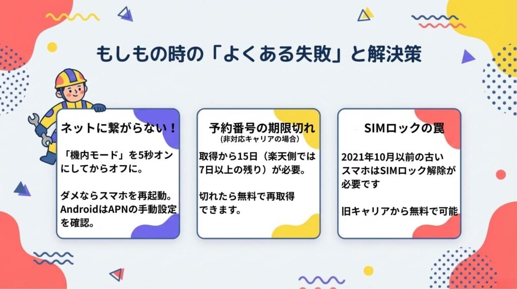 楽天モバイルへの乗り換え時や初期設定でよくある3つの失敗と解決策をまとめた図解。ネットに繋がらない場合の機内モード切り替えやAPN設定、MNP予約番号の有効期限切れ時の再取得、2021年10月以前のスマホにおけるSIMロック解除の必要性について解説しています。