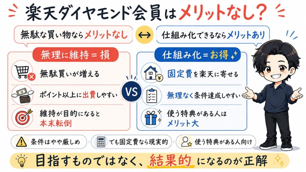 楽天ダイヤモンド会員はメリットなしかを解説する比較図。「無理に維持=損」として無駄買いの増加を挙げ、「仕組み化=お得」として固定費を楽天に寄せる等の活用法を提案。目指すのではなく結果的になるのが正解と結論づけています。