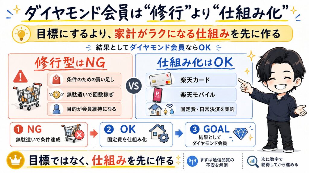 楽天ダイヤモンド会員を維持するための考え方を比較した図解。無駄遣いで条件を達成する「修行型」はNGとし、楽天カードや楽天モバイルで固定費・日常決済を集約する「仕組み化」を推奨しています。目標にするのではなく、仕組みを作った結果として会員になるのが正解と説明しています。