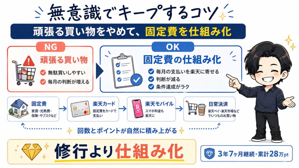 楽天会員ランクを無意識にキープするコツの解説図。「頑張る買い物」をやめ、「固定費(家賃・光熱費・スマホ代等)を楽天カードや楽天モバイルで仕組み化」することで、自然に回数とポイントが積み上がる流れを説明しています。