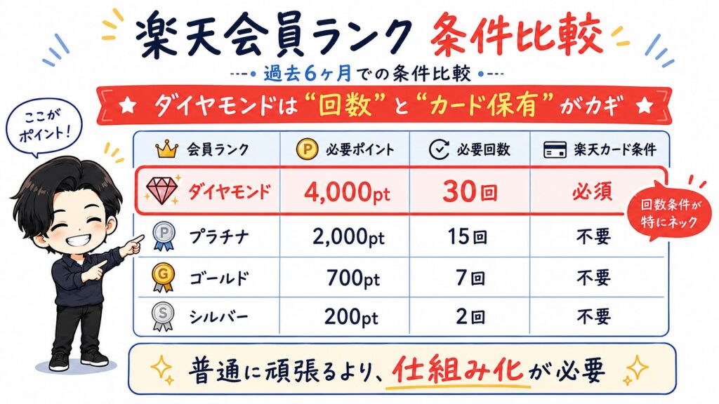 楽天会員ランクの条件比較表。過去6ヶ月間の実績として、ダイヤモンドランク達成には4,000ポイント獲得、30回の利用、および楽天カード保有が必須であることを示し、回数条件の達成には仕組み化が必要であると解説している図解。