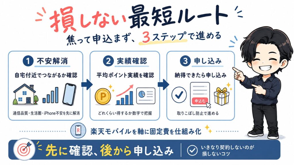 楽天モバイルに損せず申し込むための3ステップ解説図。1.通信品質の不安解消、2.平均ポイント実績の確認、3.納得してからの申し込み、という流れを示し、楽天モバイルを軸とした固定費の仕組み化を推奨しています。