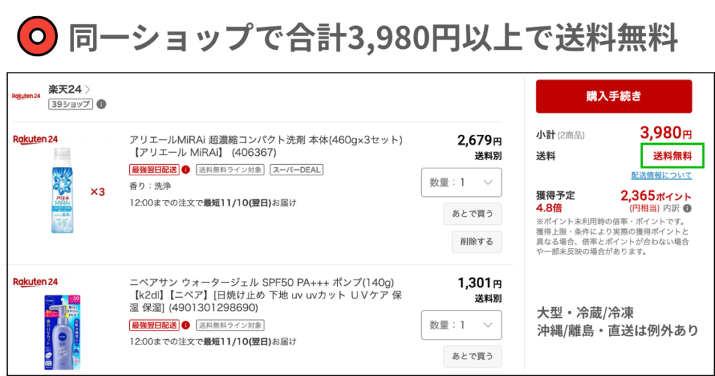 同一ショップで合計3,980円以上なら送料無料になる例