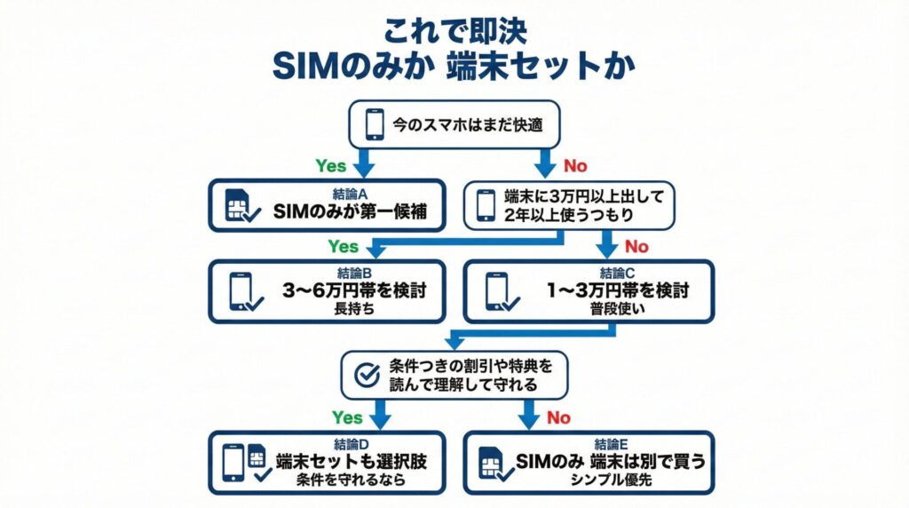 SIMのみか端末セットかを3つの質問で決める最終判定フロー図