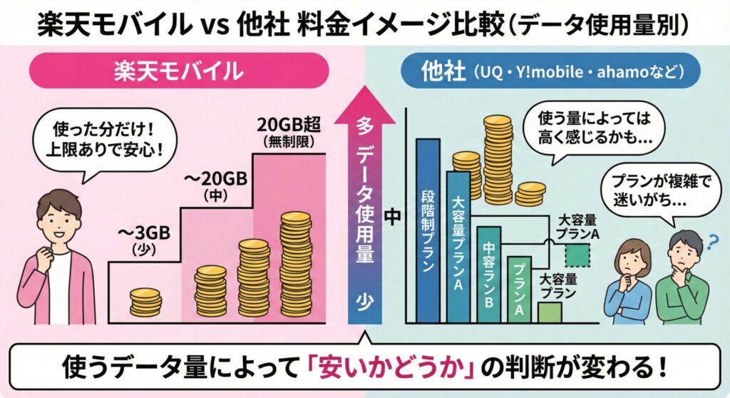 楽天モバイルとUQモバイル・Y!mobile・ahamoなど他社を、データ使用量別に比較した料金イメージ図。楽天モバイルは使った分だけ支払う従量制で、20GB超は無制限。他社は段階制や複数プランが多いことを示している。