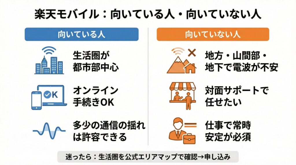 この図は、楽天モバイルが「向いている人／向いていない人」を3つの軸でざっくり判定できる早見表です。