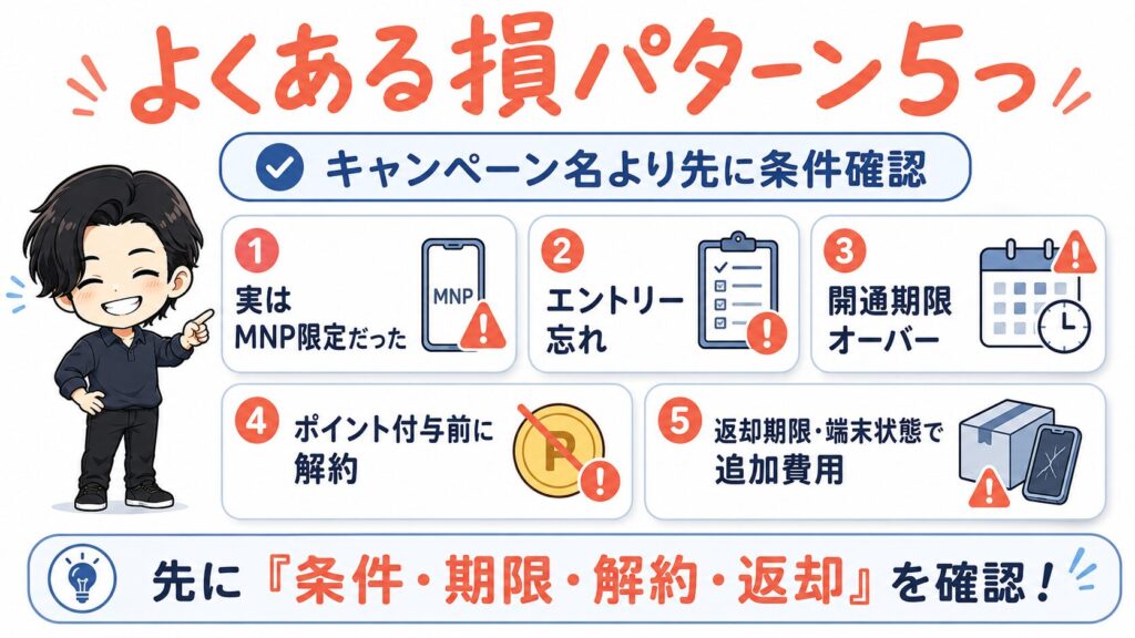楽天モバイルの機種変更でよくある損パターン5つ。MNP限定、エントリー忘れ、期限切れ、解約、返却条件を解説
