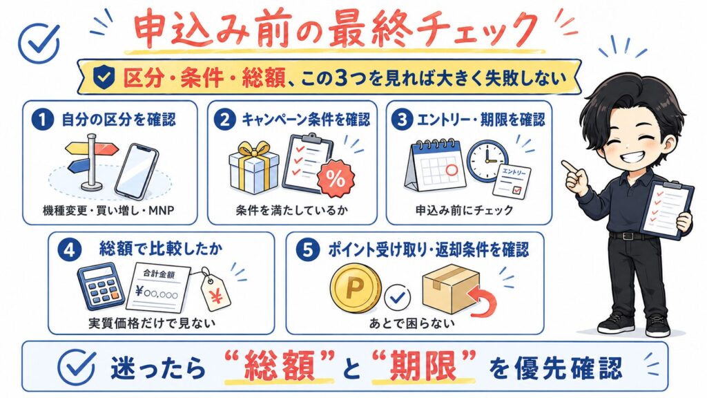 楽天モバイルの機種変更前に確認したい最終チェックリスト。区分、キャンペーン条件、期限、総額、ポイント受取条件を整理