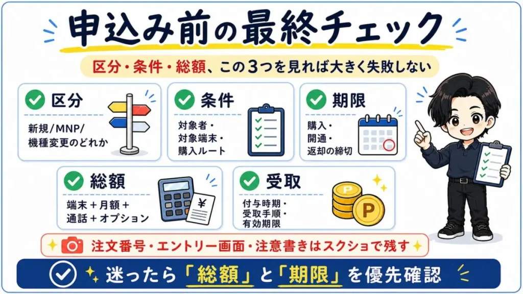 端末セールで実質負担を下げる方法。値引き、クーポン、買い回りポイント、SPU上乗せを比較する図解
