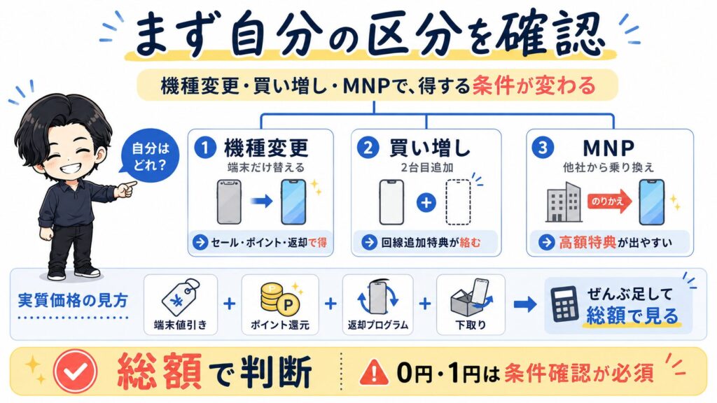 楽天モバイルの機種変更・買い増し・MNPの違いと、キャンペーン条件や実質価格の見方を解説した図解