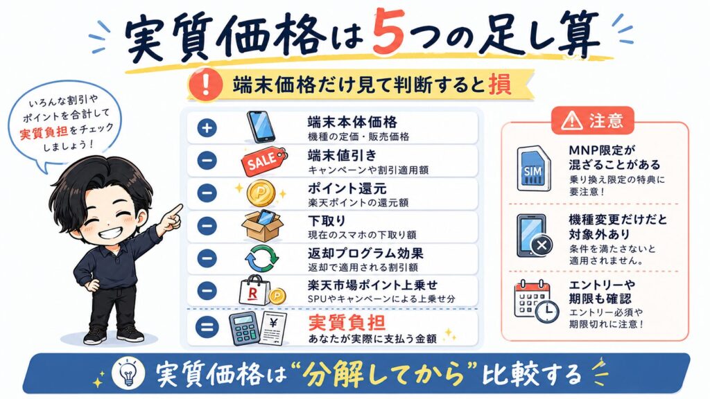 楽天モバイルの機種変更で実質価格を確認する方法。端末価格、値引き、ポイント還元、下取りを合計して比較する図解