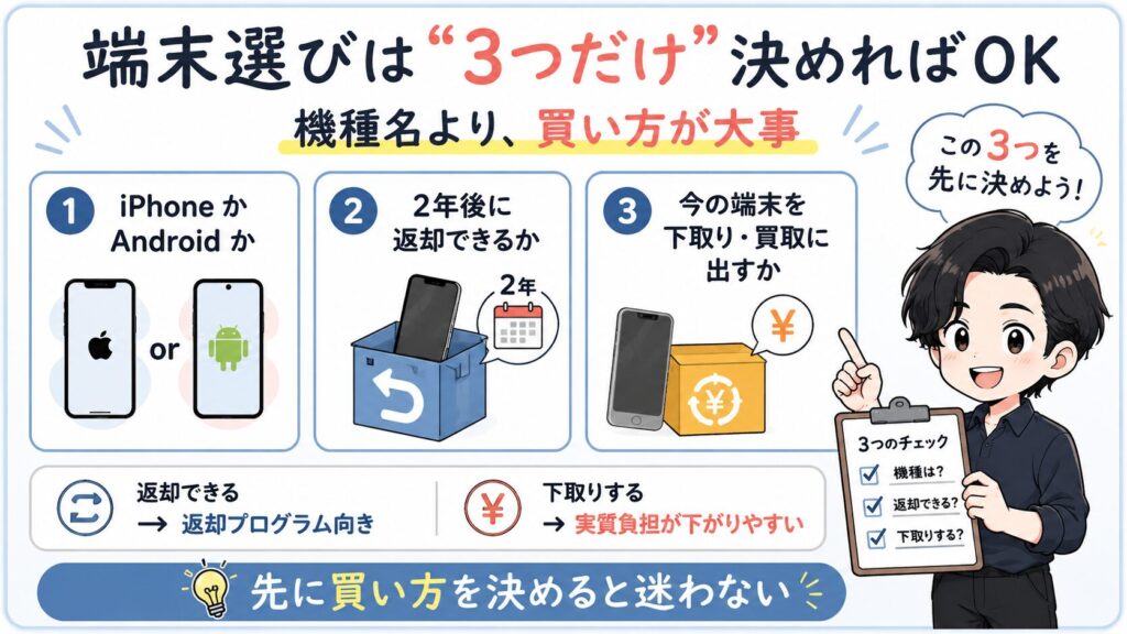 楽天モバイルの機種変更で端末を選ぶ前に決めたい3つのポイント。iPhoneかAndroidか、返却や下取りの有無を整理