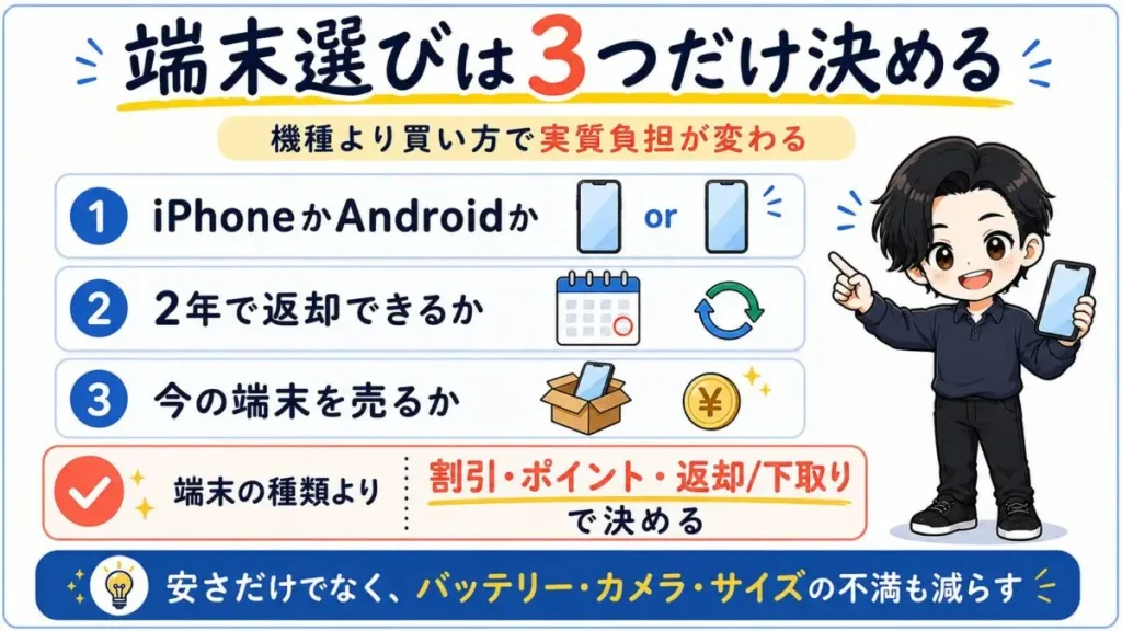 端末を選ぶ前に決めたい3つのポイント。iPhoneかAndroidか、返却や下取りの有無を整理