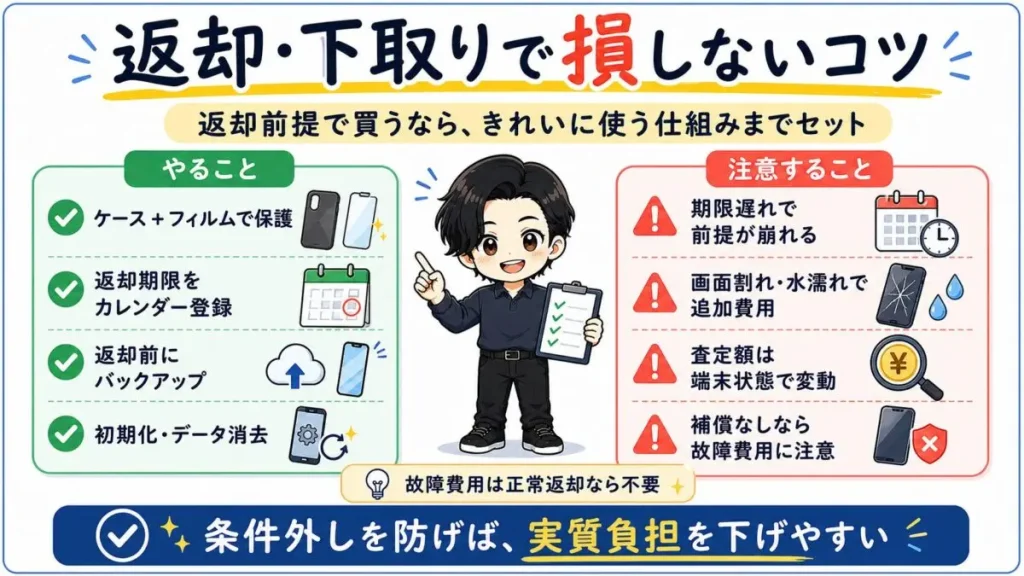 返却や下取りを使うときに損しないコツ。返却期限、端末状態、保護、データ消去の注意点を解説
