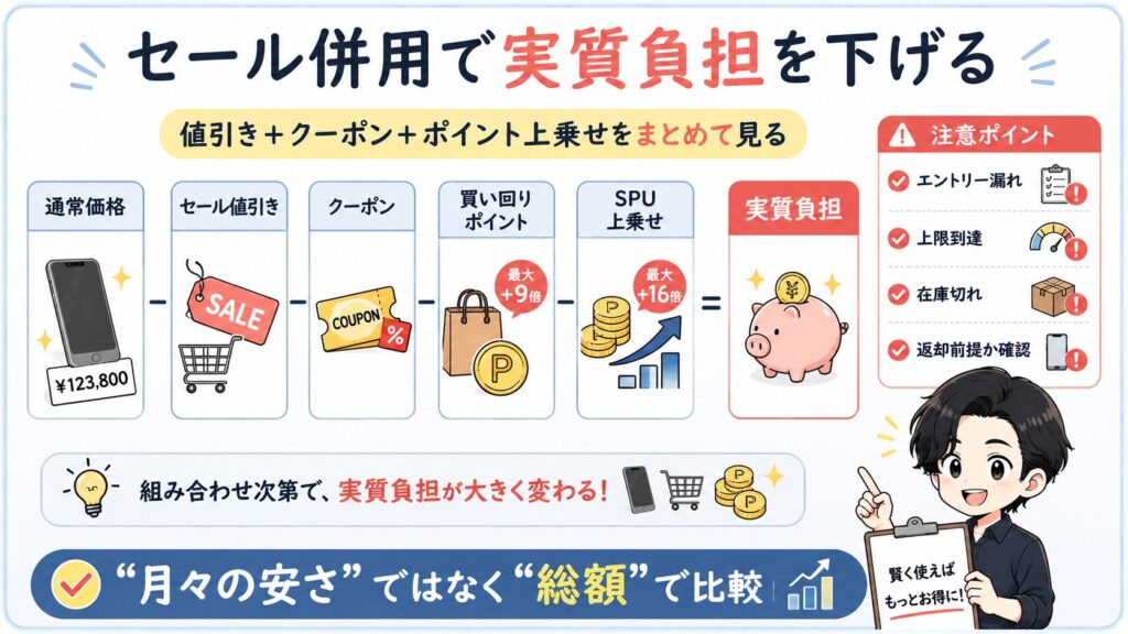 楽天モバイルの端末セールで実質負担を下げる方法。値引き、クーポン、買い回りポイント、SPU上乗せを比較する図解