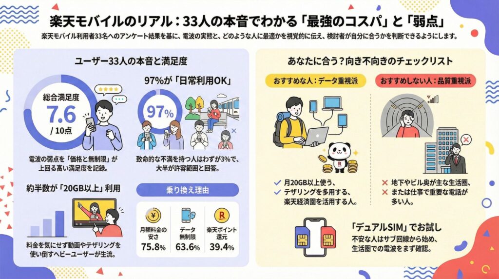 楽天モバイル利用者33人のアンケート結果をまとめた図解。総合満足度7.6点、97%が日常利用可能と回答し、データ無制限や料金の安さが評価されている一方、電波品質に注意が必要な人の条件も示している。