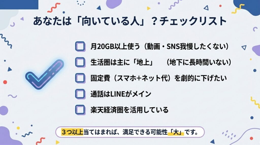 楽天モバイルが向いている人のチェックリスト(20GB以上、地上中心、固定費を下げたい等)
