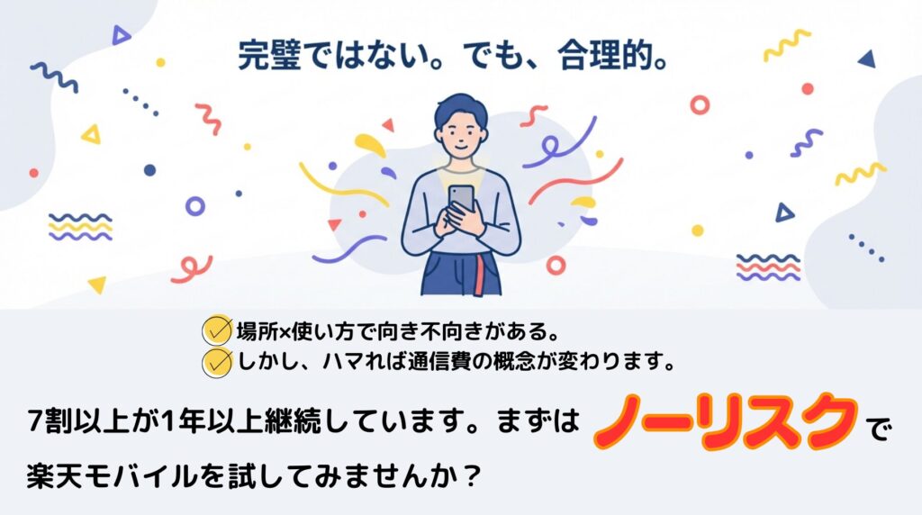 楽天モバイルの訴求画像。「完璧ではない。でも、合理的。」の見出しと、ノーリスクで試す提案(7割以上が1年以上継続)を示す