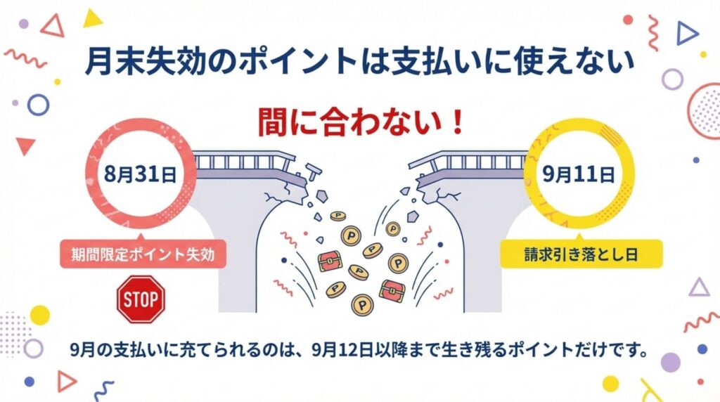楽天モバイルのポイント支払いにおける有効期限の注意点。8月31日に失効するポイントは、9月11日の請求引き落とし日に「間に合わない」ため支払いに使えないことを解説。9月12日以降まで生き残るポイントのみが充当可能であることを示す図解。