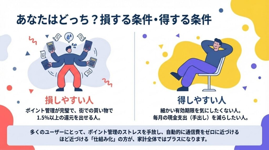 楽天モバイルのポイント支払いで損をしやすい人と得をしやすい人の比較図。完璧なポイント管理で1.5%以上の還元を狙う人は「損しやすい」とし、有効期限を気にしたくない・現金支出を減らしたい人を「得しやすい」と分類。多くのユーザーにとって「仕組み化」が家計全体でプラスになることを解説している。