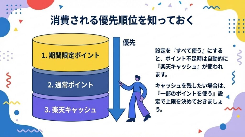 楽天モバイルの支払いにおけるポイント消費の優先順位を図解。1.期間限定ポイント、2.通常ポイント、3.楽天キャッシュの順で自動消費される仕組みを解説。ポイント不足時に楽天キャッシュを自動充当する「すべて使う」設定の注意点も記載。
