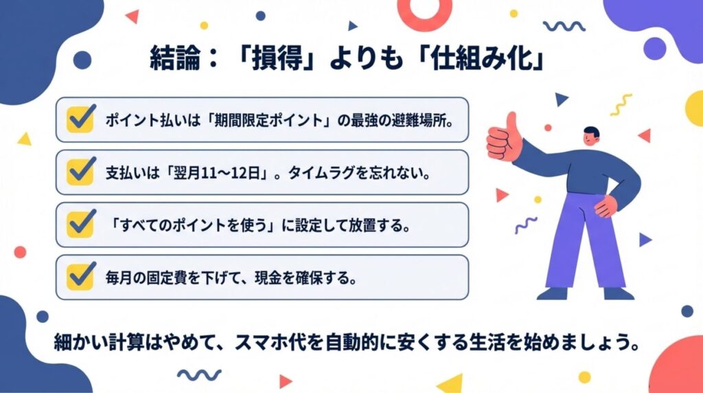 楽天モバイルのポイント活用の結論をまとめた図解。「損得よりも仕組み化」を掲げ、1.期間限定ポイントの避難場所にする、2.翌月11〜12日のタイムラグを忘れない、3.「すべて使う」設定で放置、4.固定費を下げて現金を確保する、という4つの鉄則を解説している。