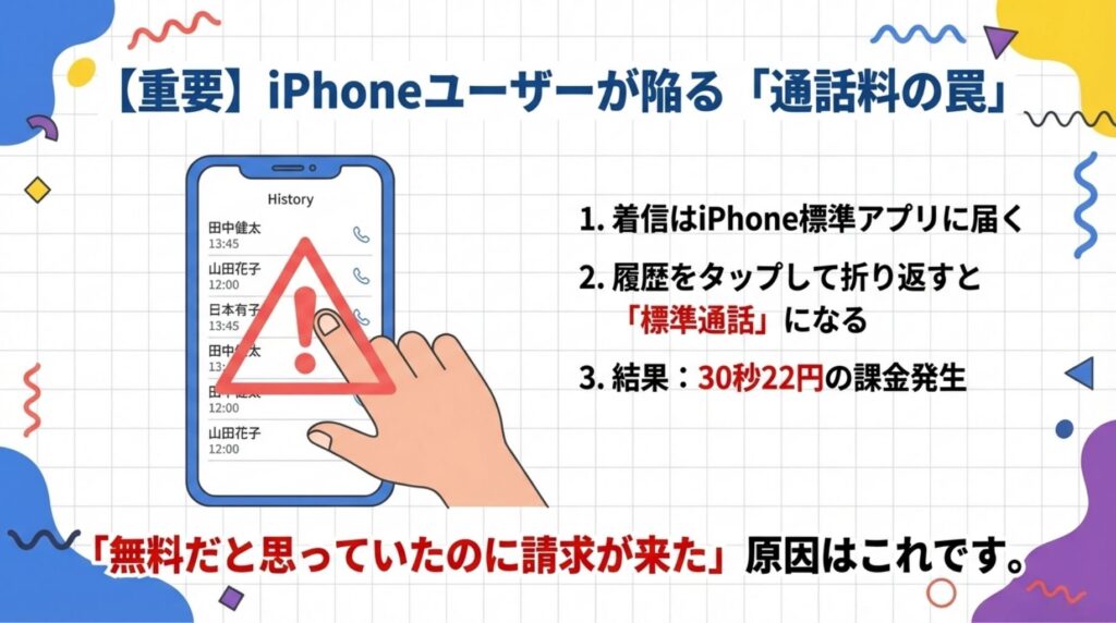 iPhoneユーザーが楽天モバイルで陥りやすい「通話料の罠」を解説した図解。標準アプリの着信履歴からそのまま折り返すと、Rakuten Linkではなく標準通話になり30秒22円の課金が発生する仕組みを説明している。
