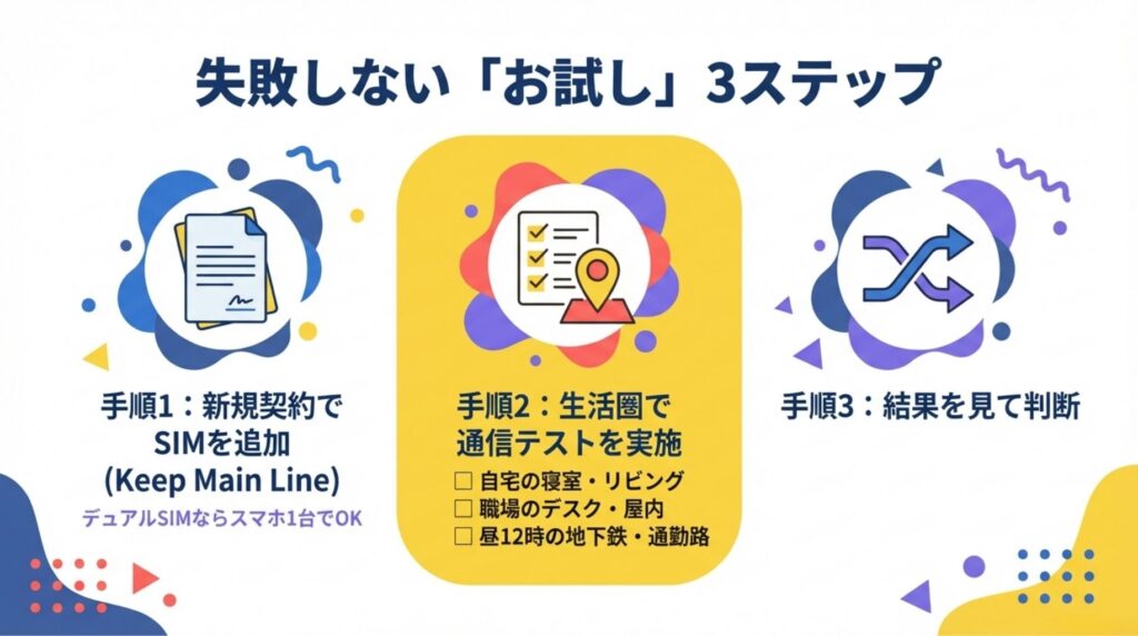 楽天モバイルを「お試し」で利用するための3ステップ図解。既存回線を維持したまま新規契約(デュアルSIM)し、自宅・職場・昼時の地下鉄などで通信テストを実施して継続を判断する手順を解説。
