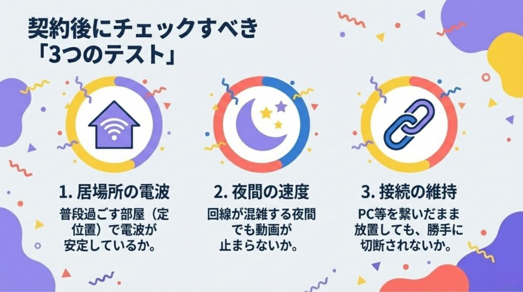 楽天モバイル契約後に確認すべき「3つのテスト」の図解。1.居場所の電波(定位置での安定性)、2.夜間の速度(混雑時の動画視聴)、3.接続の維持(PC接続の自動切断の有無)という3つの重要項目を解説しています 。