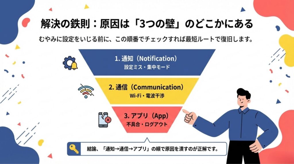 楽天リンクで着信が鳴らない際の原因切り分け「3つの壁」図解。通知設定、通信環境、アプリ不具合の順にチェックして最短で復旧させるルートを解説している