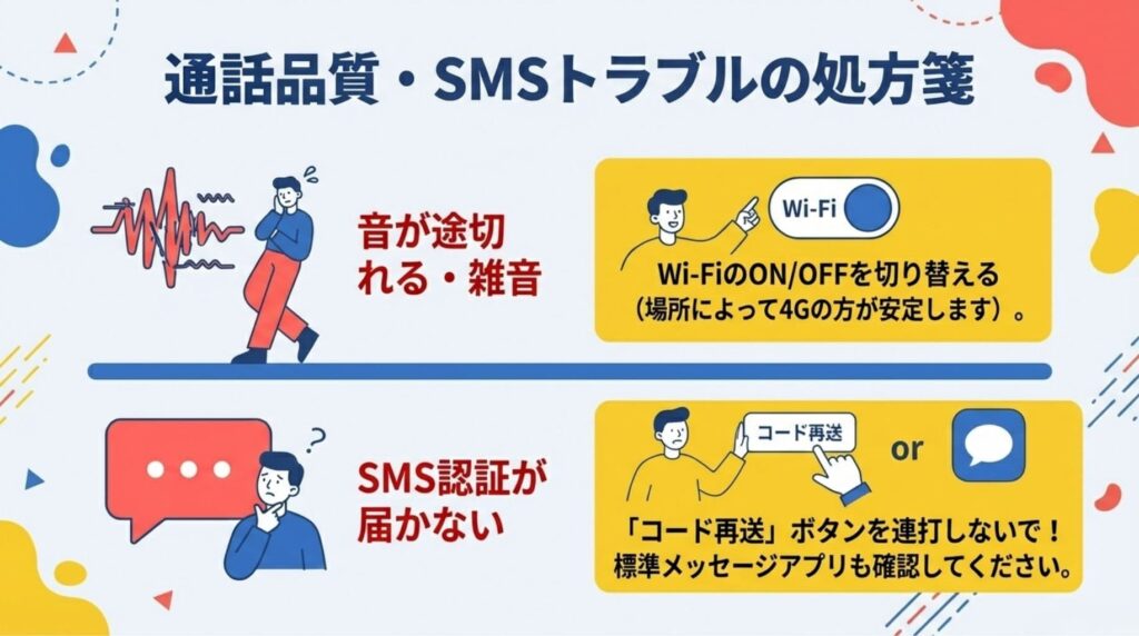 楽天リンクの通話品質（雑音・途切れ）とSMS認証が届かない問題の処方箋。Wi-Fiの切り替えによる安定化や、SMSコード再送ボタンの連打禁止、標準メッセージアプリの確認などの対策を解説 。