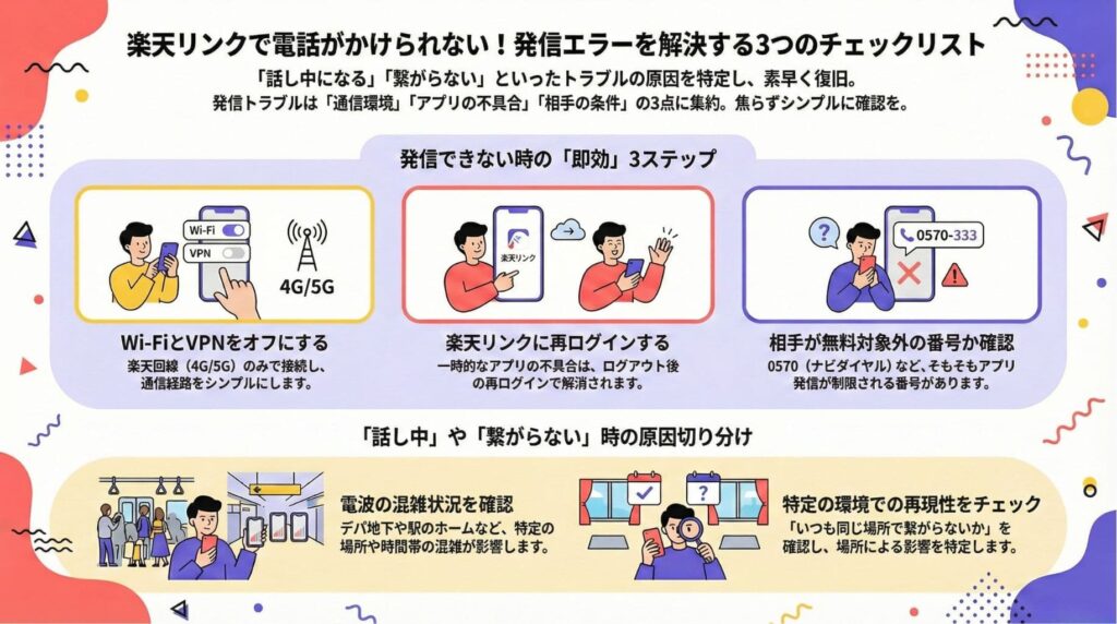 楽天リンクで電話がかけられない・発信エラーが出る際の解決策をまとめた図解。Wi-FiやVPNのOFF、アプリへの再ログイン、0570など無料対象外番号の確認という「即効3ステップ」に加え、電波混雑や特定環境での再現性チェック方法を解説。
