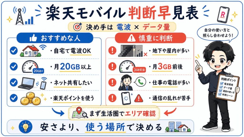 楽天モバイルをおすすめできる人と慎重に判断したい人を比較した図解。自宅の電波、月20GB以上の利用、ネット共有、楽天ポイント活用、地下や屋内利用、月3GB前後、仕事の電話頻度で判断