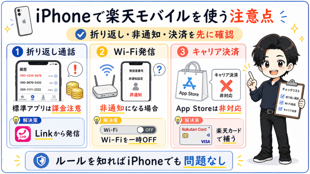 iPhoneで楽天モバイルを使う際の注意点をまとめた図解。着信履歴からの折り返し通話、Wi-Fi発信時の非通知、App Storeのキャリア決済非対応と回避策を解説