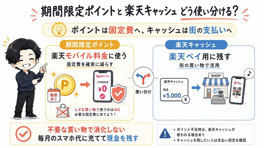 期間限定ポイントと楽天キャッシュの使い分けの図解。期間限定ポイントは毎月のスマホ代などの固定費に充てて現金を残し、楽天キャッシュは街の買い物での楽天ペイ用に残すことを推奨している解説画像。