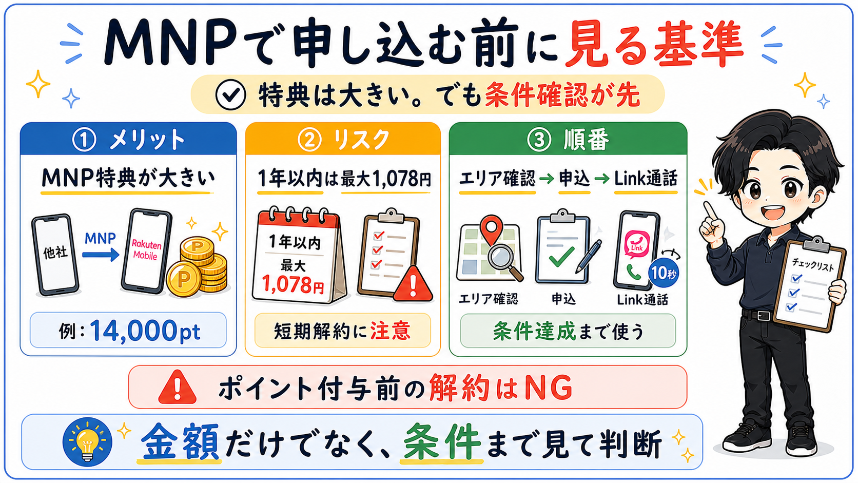 楽天モバイルをMNPで申し込む前に確認したい基準をまとめた図解。MNP特典、1年以内解約のリスク、エリア確認から申し込み、Rakuten Link通話までの順番とポイント付与前解約の注意点を解説