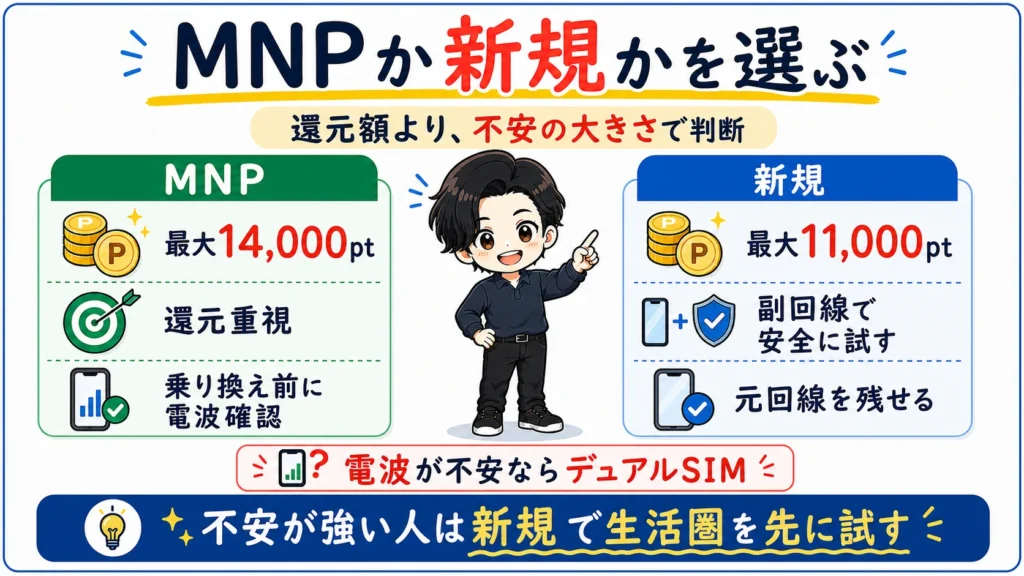楽天モバイルを還元重視のMNPで契約するか、電波確認を優先して新規副回線で試すかを比較する図解