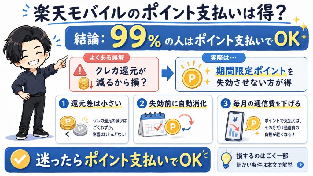 楽天モバイルのポイント支払いに関する解説図。多くの人にポイント払いが有力であるとし、期間限定ポイントの活用や通信費の削減といったメリットを挙げる一方、期限切れが近いポイントがある場合の別案も提示している図解。