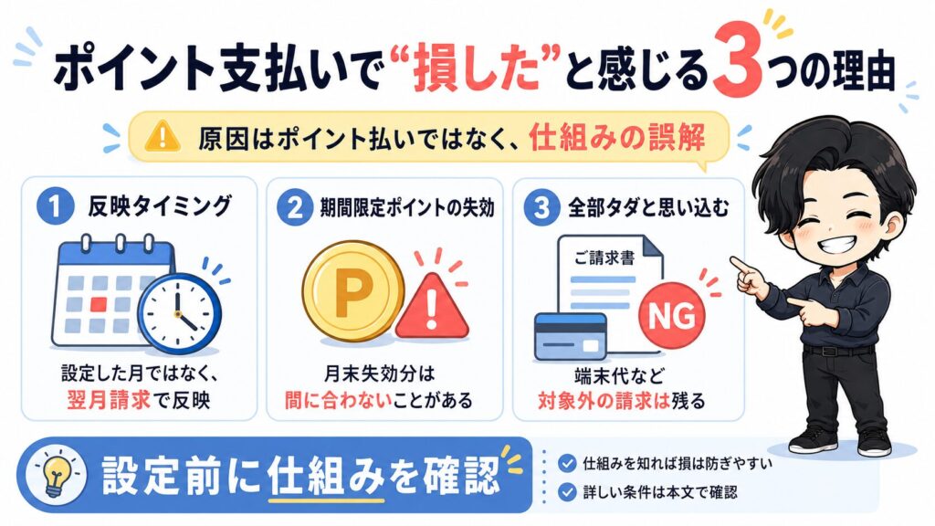 楽天モバイルのポイント支払いで損したと感じる3つの理由の解説図。原因は仕組みの誤解であるとし、1反映タイミング(翌月請求で反映)、2期間限定ポイントの失効、3全部タダと思い込む(端末代は対象外)の3点を挙げている図。