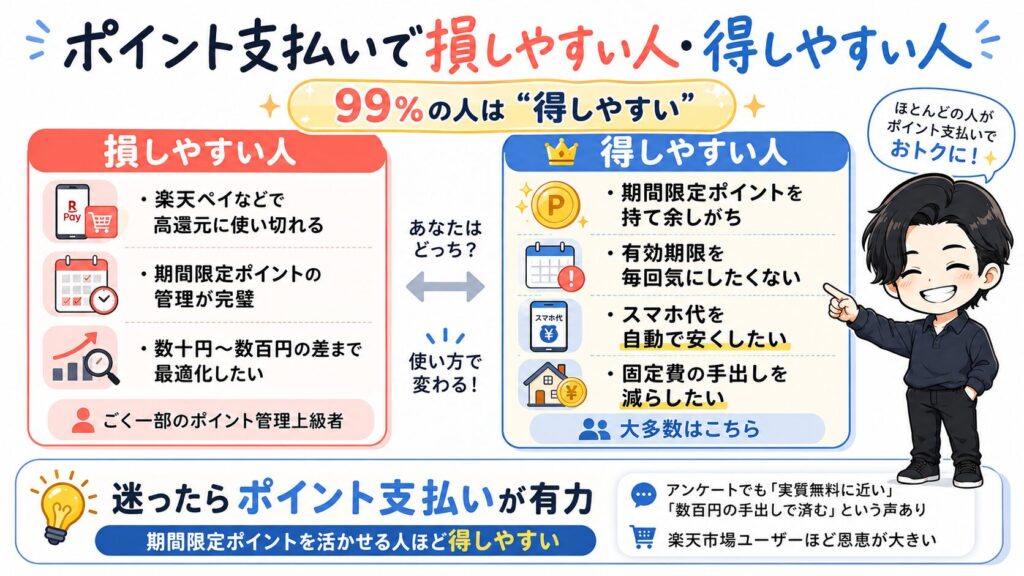 楽天モバイルのポイント支払いに関する解説図。多くの人にポイント払いが有力であるとし、期間限定ポイントの活用や毎月の通信費削減といった基本メリットを挙げる一方、期限切れが近いポイントの別案を提示している図解。
