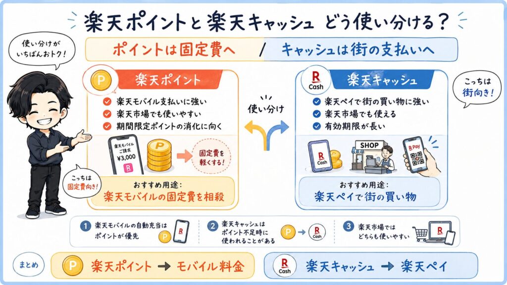 楽天ポイントと楽天キャッシュの使い分けの解説図。楽天ポイントは楽天モバイル支払いなどの固定費相殺や期間限定ポイントの消化に向いており、楽天キャッシュは楽天ペイでの街の買い物に向いていることなどを比較・解説している画像。