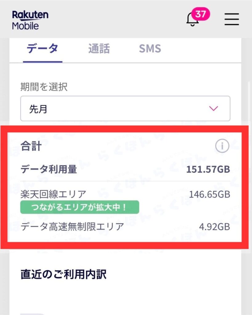 My楽天モバイルのデータ利用状況。月間151.57GBの利用実績を示しており、その大部分（146.65GB）が楽天回線エリアでの通信であることを証明するスクリーンショットです。