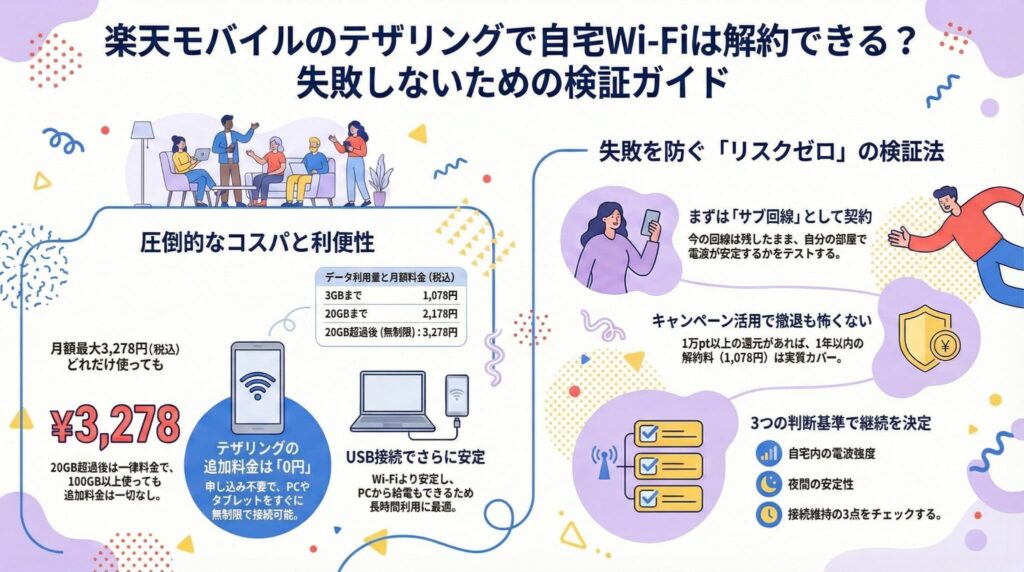 楽天モバイルのテザリングで自宅Wi-Fiを代替できるか検証するガイド。月額最大3,278円の無制限プランやUSB接続の利点、失敗を防ぐために「サブ回線」として契約し、電波強度・夜間の安定性・接続維持の3点で判断する手順を解説した図解。