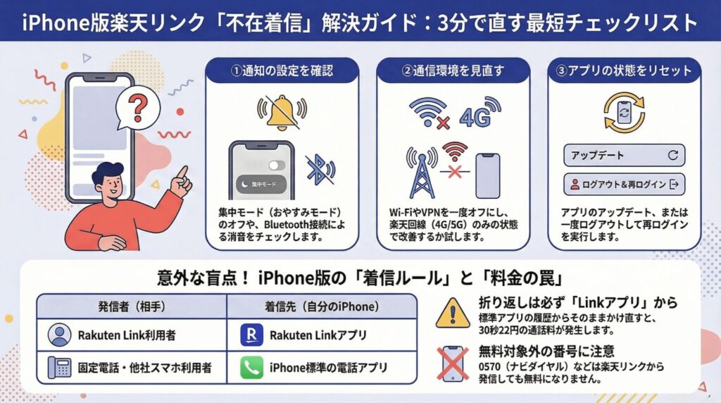 iPhone版楽天リンクで不在着信になる問題を3分で解決するための最短チェックリスト図解。通知設定、通信環境、アプリのリセット手順に加え、標準アプリとの着信ルールの違いや通話料の罠についても網羅的に解説している。