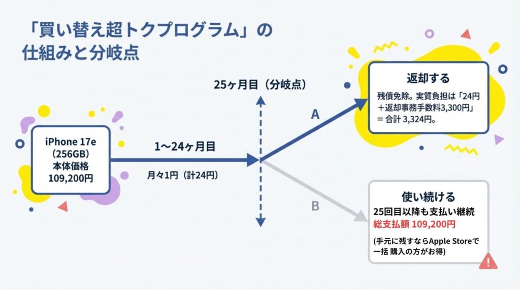 楽天モバイル「買い替え超トクプログラム」の仕組み。iPhone 17e (256GB)を例に、25ヶ月目に返却して実質3,324円で利用するルートAと、支払いを継続して総額109,200円で使い続けるルートBの分岐点を解説した図解。